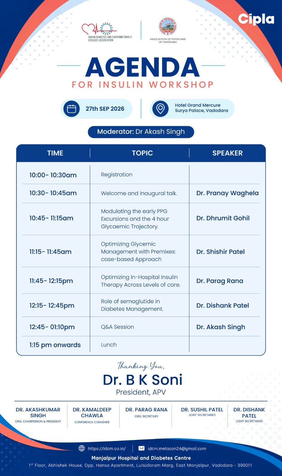 Printed agenda for the IDCM and APV Insulin Workshop